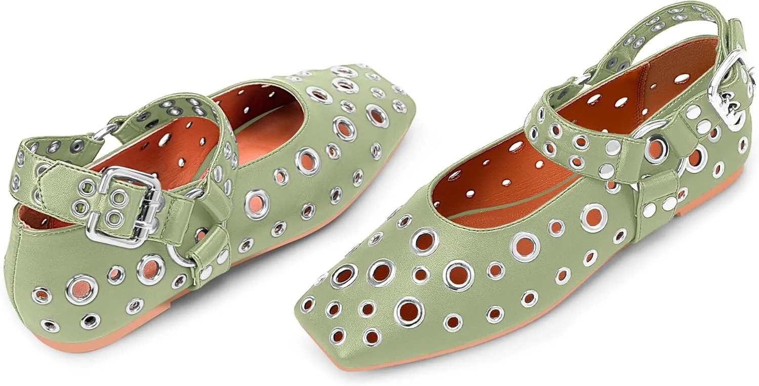 100FIXEO Women's Buckle Ballet Flats Punk Square Toe Studded Grommet Mary Jane Shoes