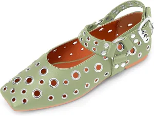 100FIXEO Women's Buckle Ballet Flats Punk Square Toe Studded Grommet Mary Jane Shoes