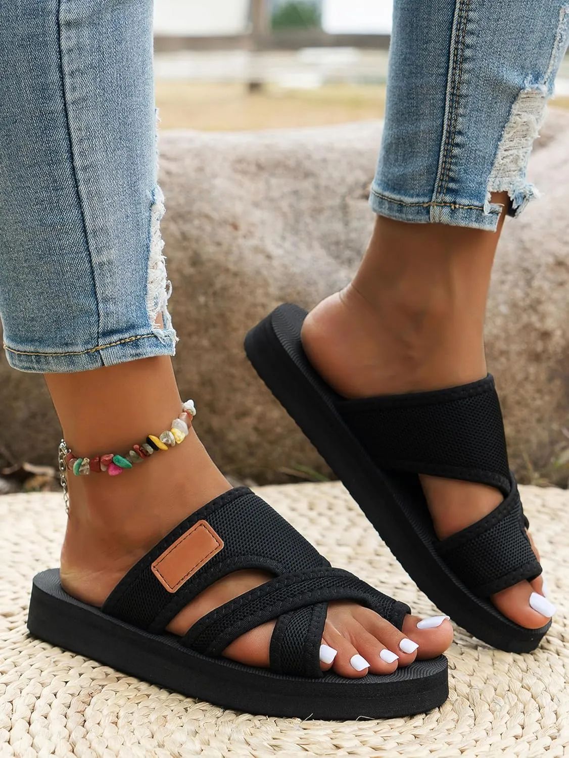 2024 Breathable Mesh Sandals for Women Women's Hollow Mesh Slide Sandals - Comfortable Orthopedic Arch Support Mesh Sandals for Women,Black,US7/EU38
