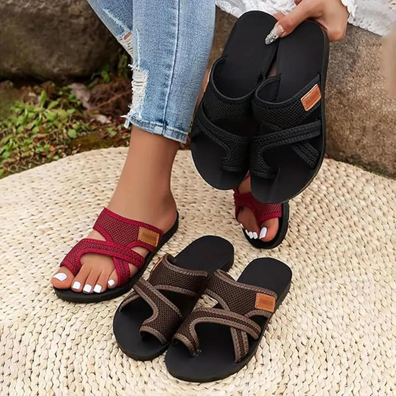 2024 Breathable Mesh Sandals for Women Women's Hollow Mesh Slide Sandals - Comfortable Orthopedic Arch Support Mesh Sandals for Women,Black,US7/EU38
