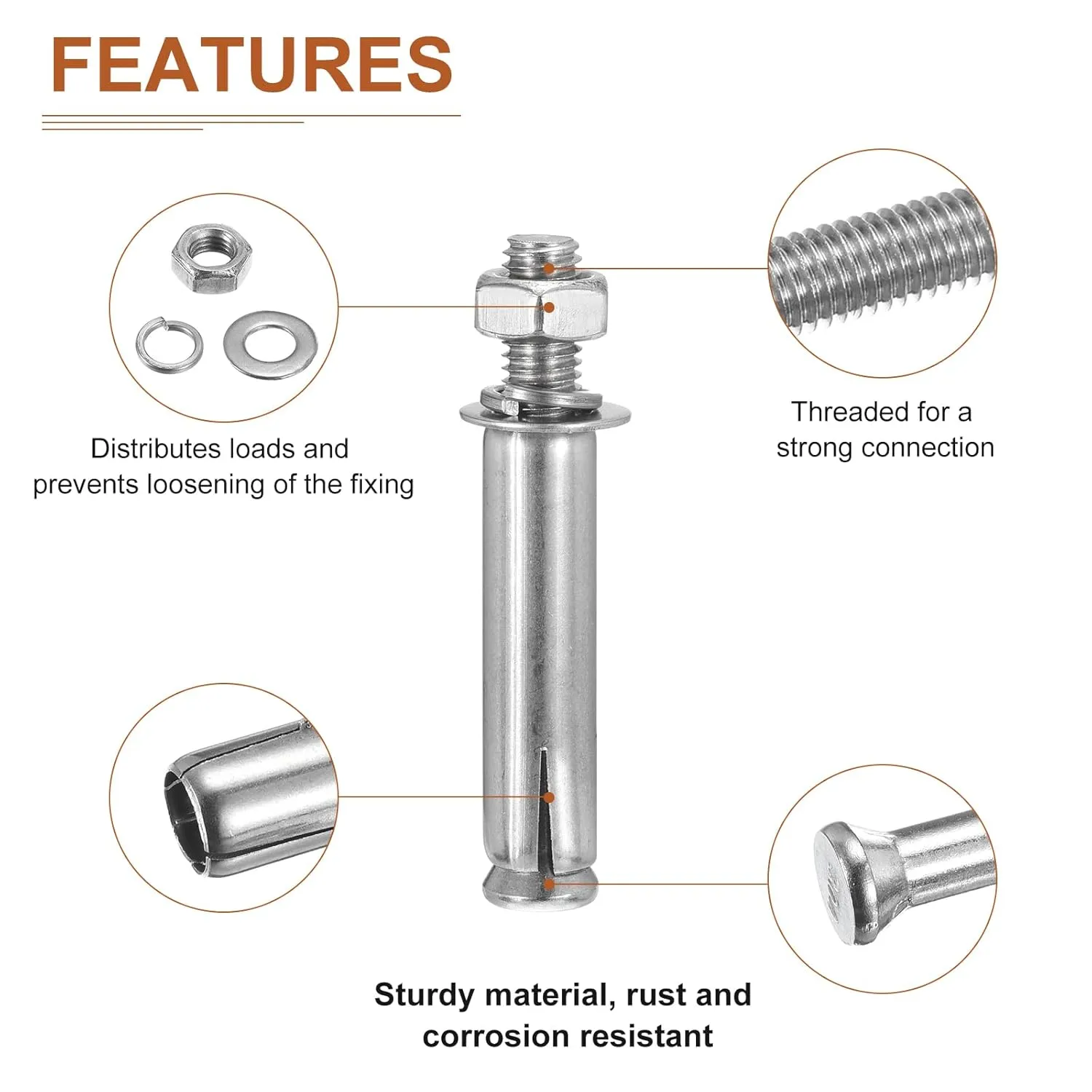 3/8" x 3" Hex Nut Sleeve Anchors - 10Pack - Good for Concrete Dry Brick Block Walls - 304 Stainless Steel - Silver