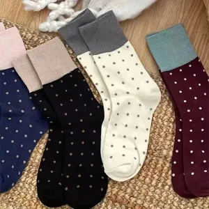 4 Pairs Retro Polka Dot Print Socks, Japanese Style Colorblock Mid Tube Socks, Women's Stockings & Hosiery