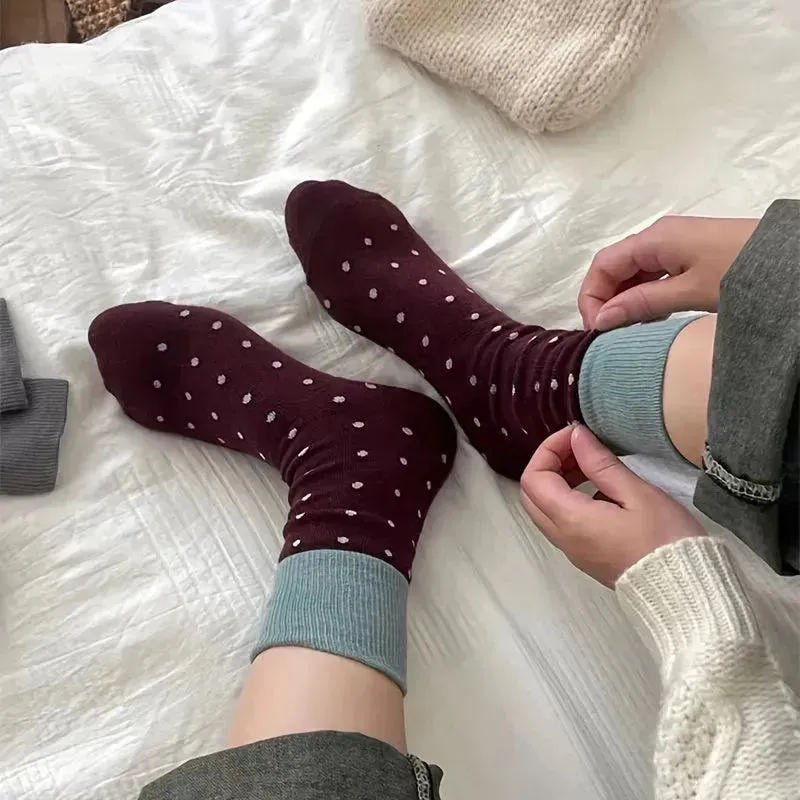 4 Pairs Retro Polka Dot Print Socks, Japanese Style Colorblock Mid Tube Socks, Women's Stockings & Hosiery