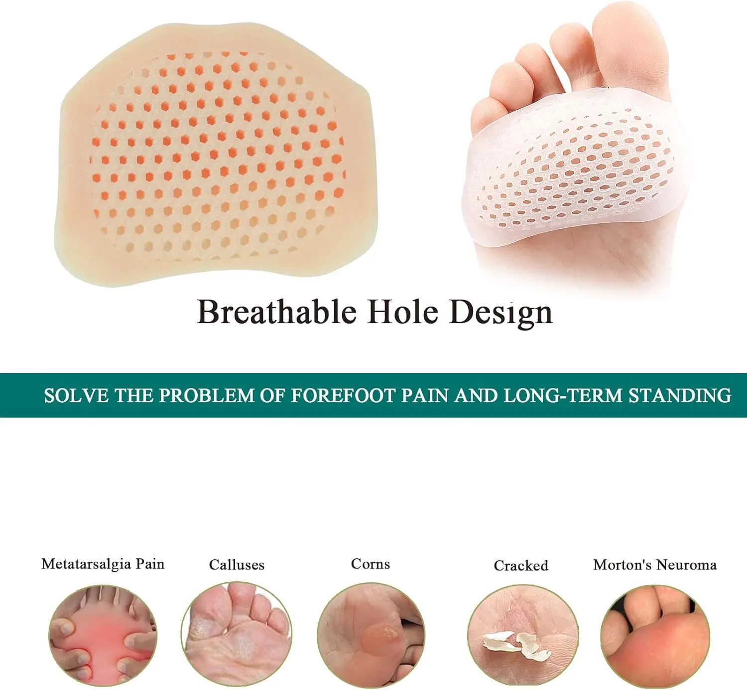 6 Pack Metatarsal Pads Soft Gel Ball of Foot Cushions for Women and Men, Toe Pads Ball of Toe Cushions, Reusable Breathable Sleeve Pain Relief Forefoot Pads (White, One Size fits All)