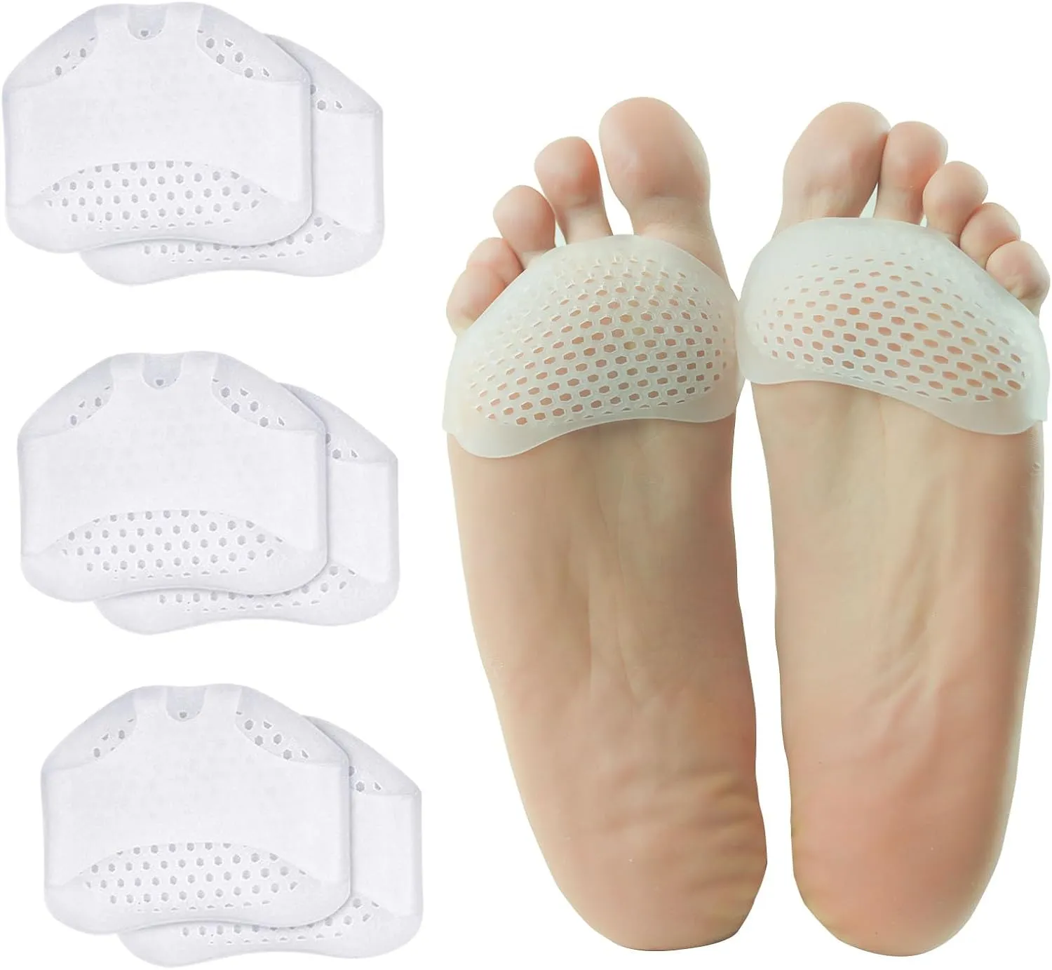 6 Pack Metatarsal Pads Soft Gel Ball of Foot Cushions for Women and Men, Toe Pads Ball of Toe Cushions, Reusable Breathable Sleeve Pain Relief Forefoot Pads (White, One Size fits All)