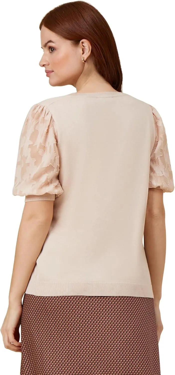 Adrianna Papell Women's 3/4 Floral Burnout Sleeve V-Neck Sweater