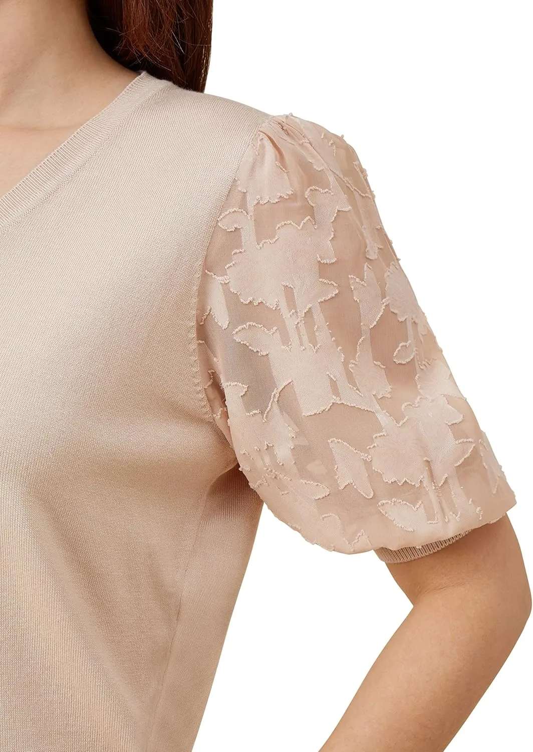 Adrianna Papell Women's 3/4 Floral Burnout Sleeve V-Neck Sweater