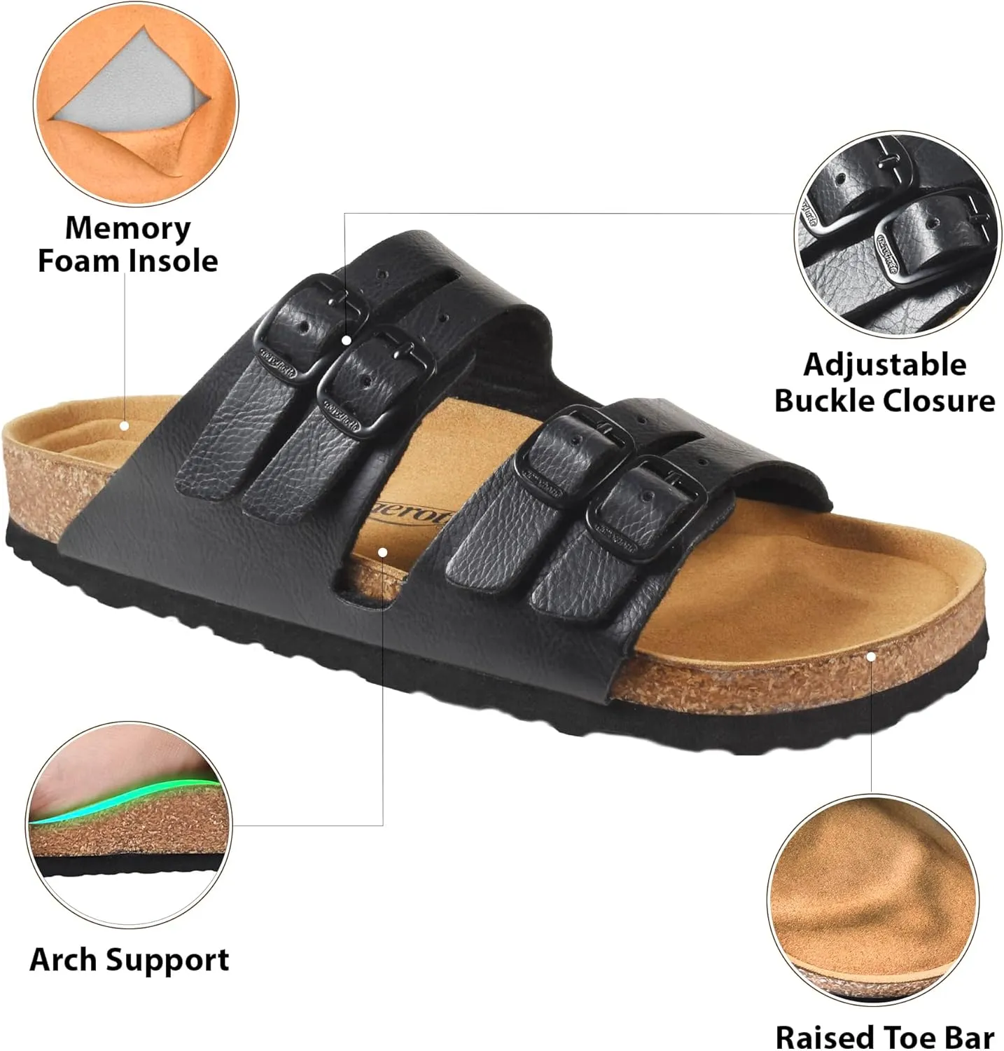 AEROTHOTIC Arch Support Recovery Slides for Women Comfy Memory Foam Cork Footbed Double Straps with Adjustable Buckle Slip on Beach Dressy Outdoor Ladies Sandals