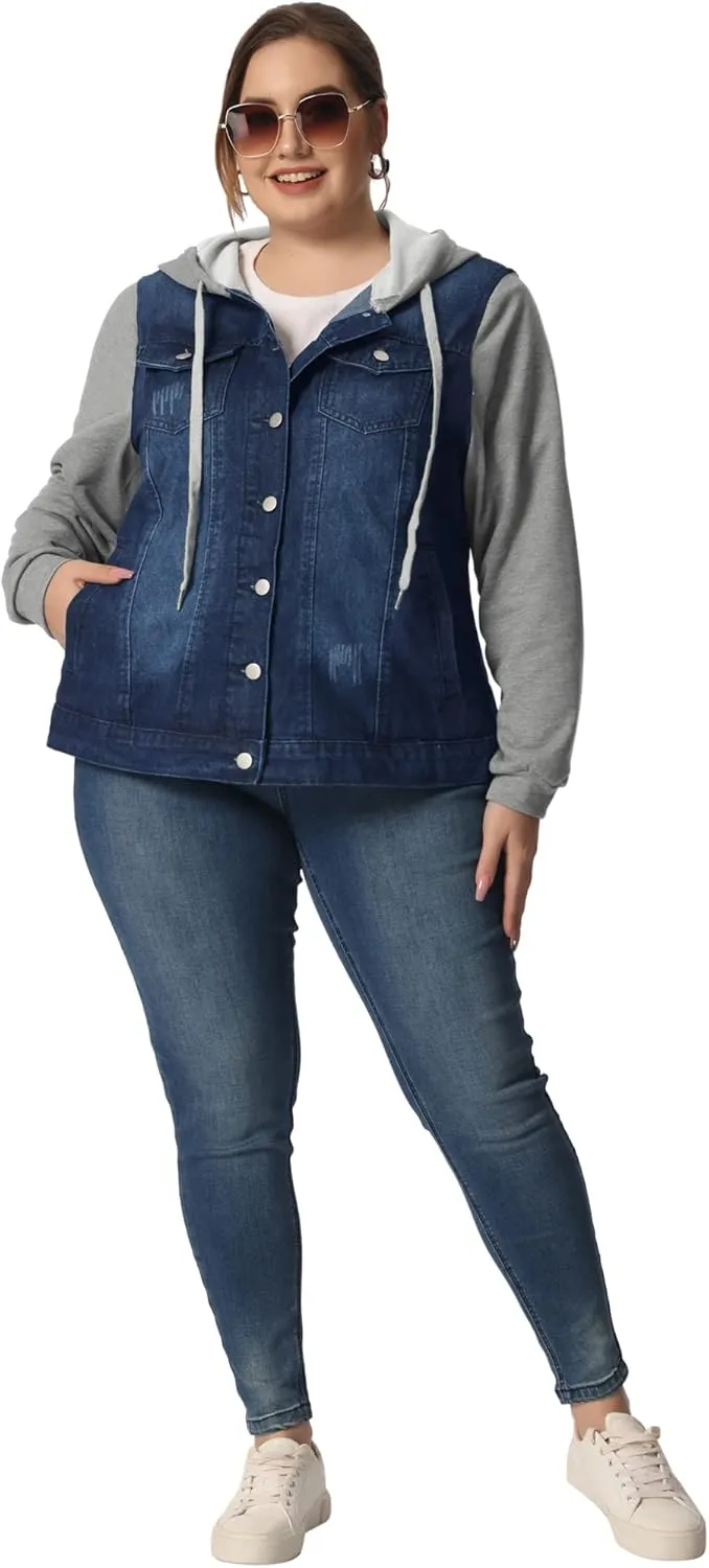 Agnes Orinda Women's Plus Size Denim Jacket with Hood Long Sleeve Casual Hoodie Jean Jackets