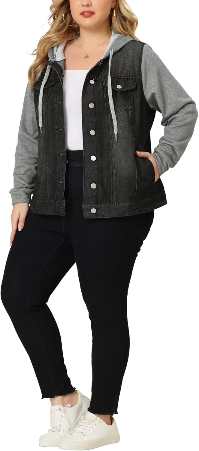 Agnes Orinda Women's Plus Size Denim Jacket with Hood Long Sleeve Casual Hoodie Jean Jackets