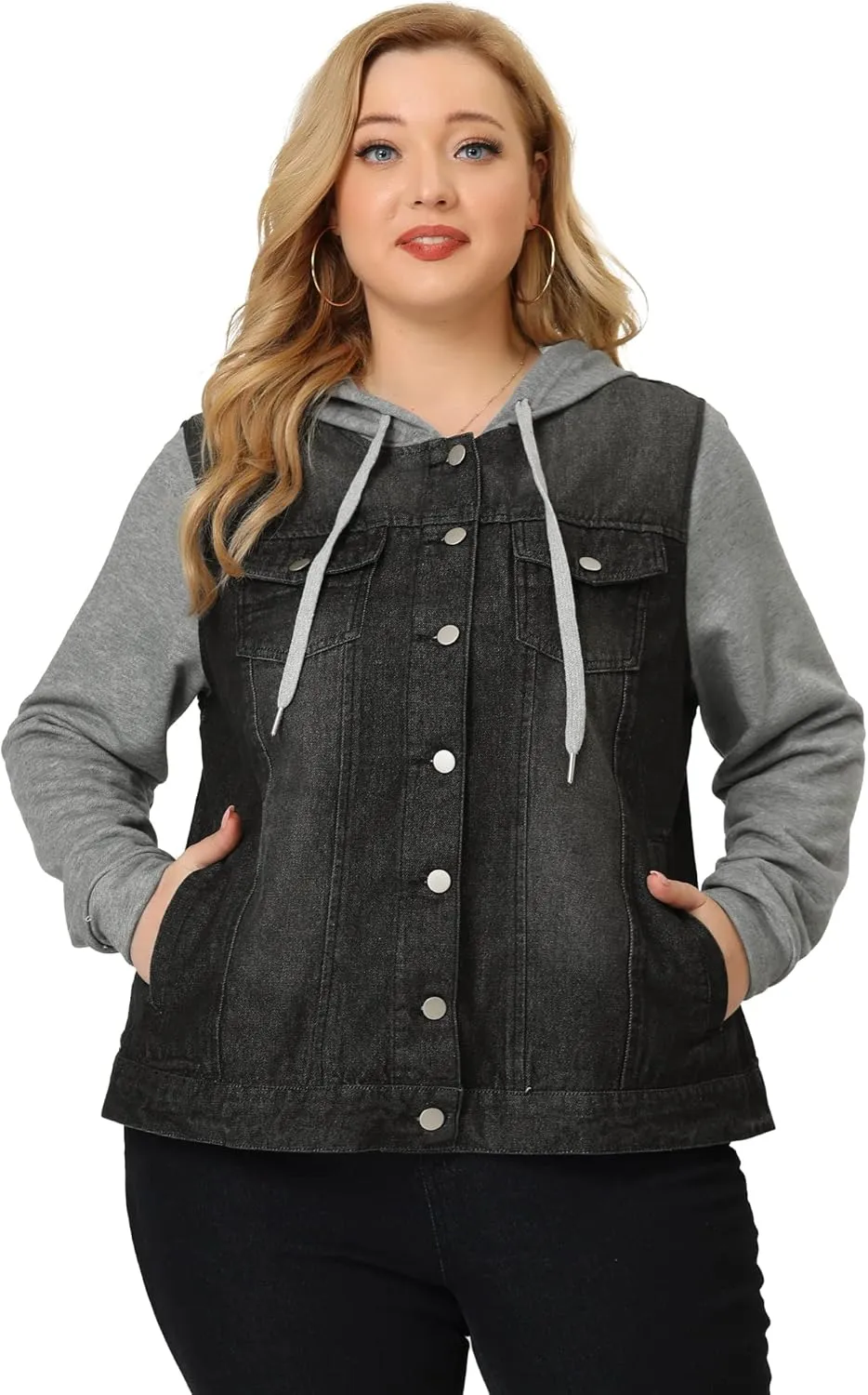 Agnes Orinda Women's Plus Size Denim Jacket with Hood Long Sleeve Casual Hoodie Jean Jackets