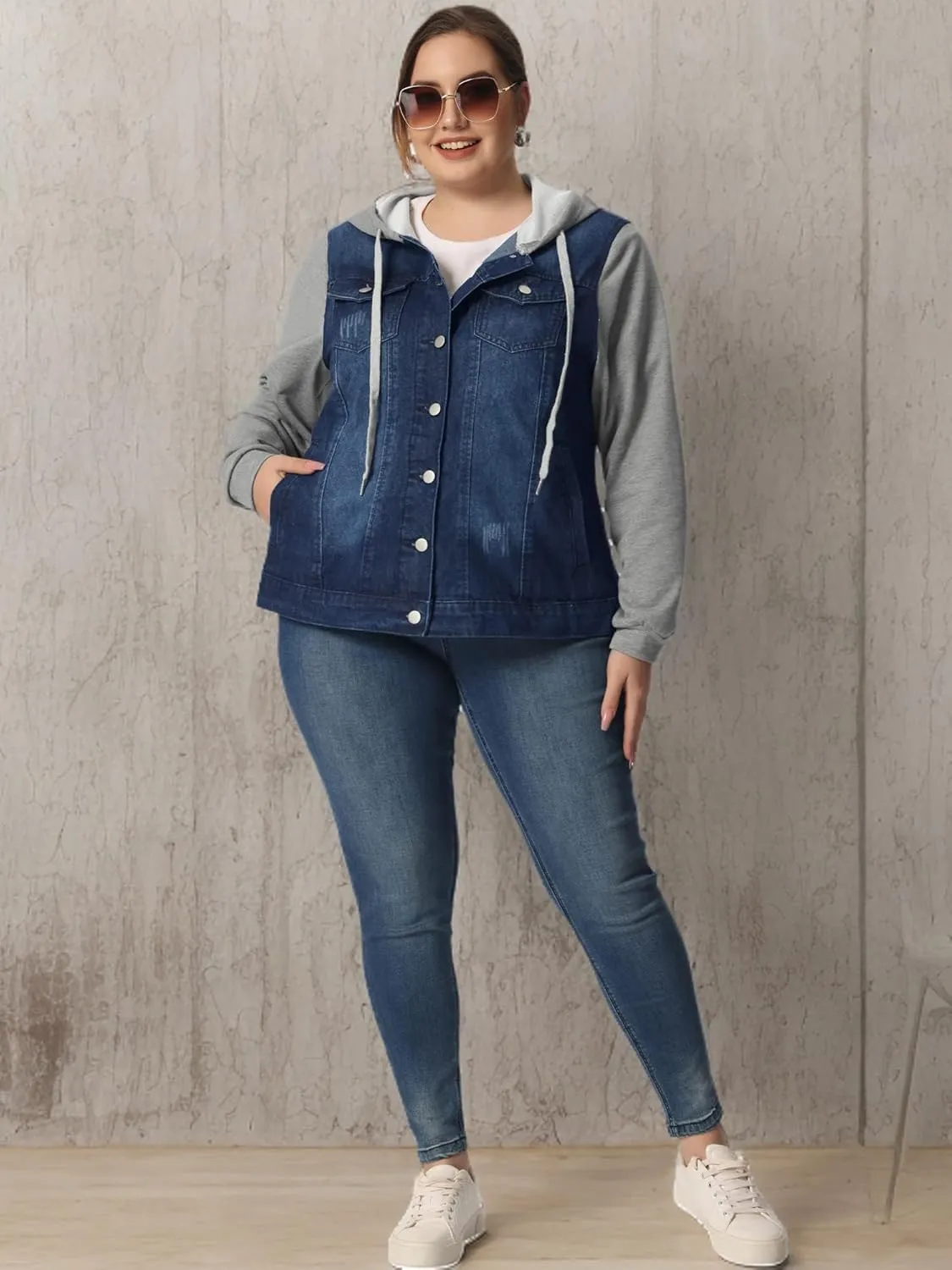 Agnes Orinda Women's Plus Size Denim Jacket with Hood Long Sleeve Casual Hoodie Jean Jackets