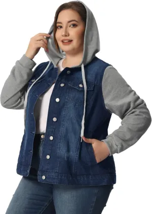 Agnes Orinda Women's Plus Size Denim Jacket with Hood Long Sleeve Casual Hoodie Jean Jackets