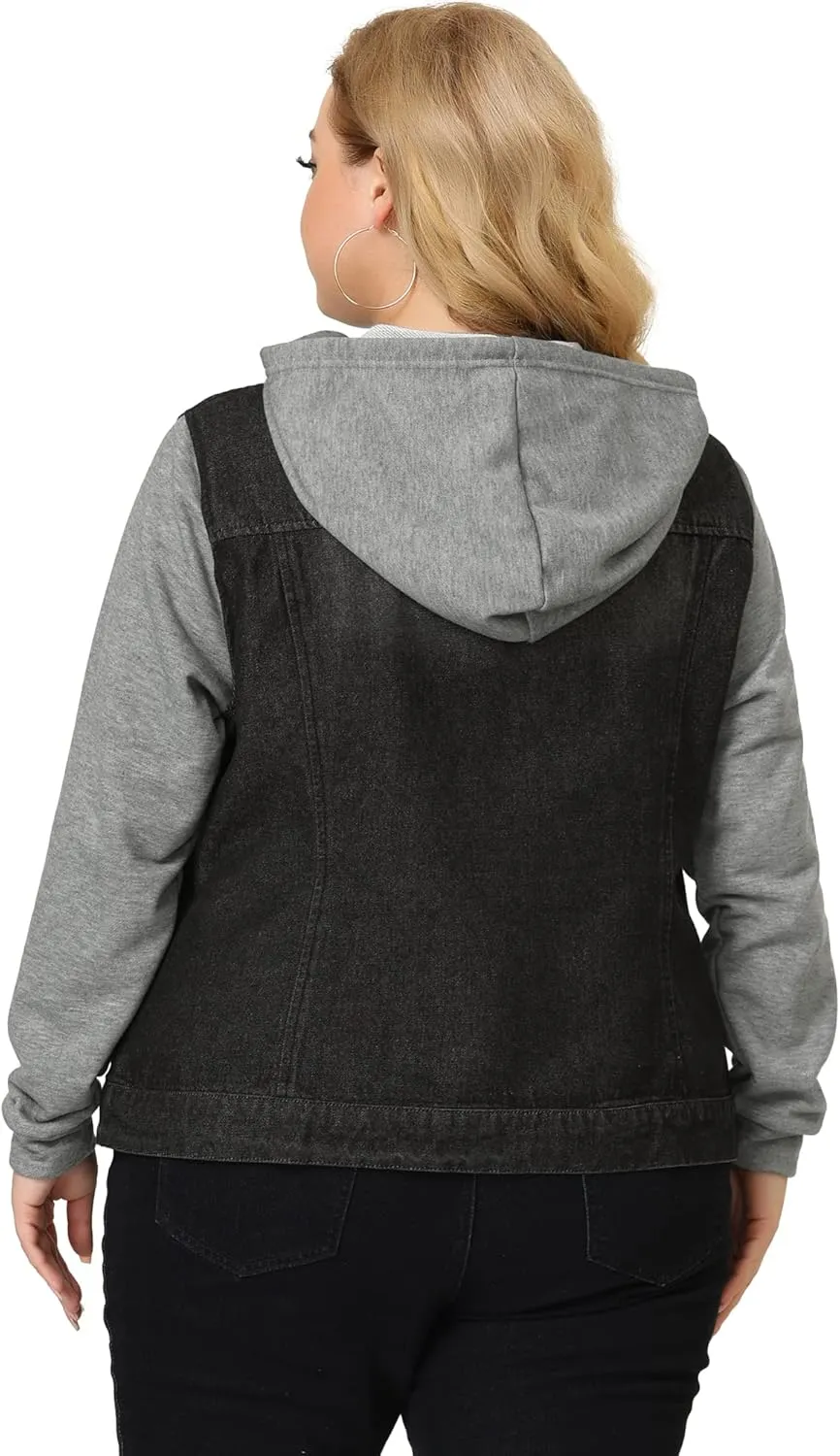 Agnes Orinda Women's Plus Size Denim Jacket with Hood Long Sleeve Casual Hoodie Jean Jackets
