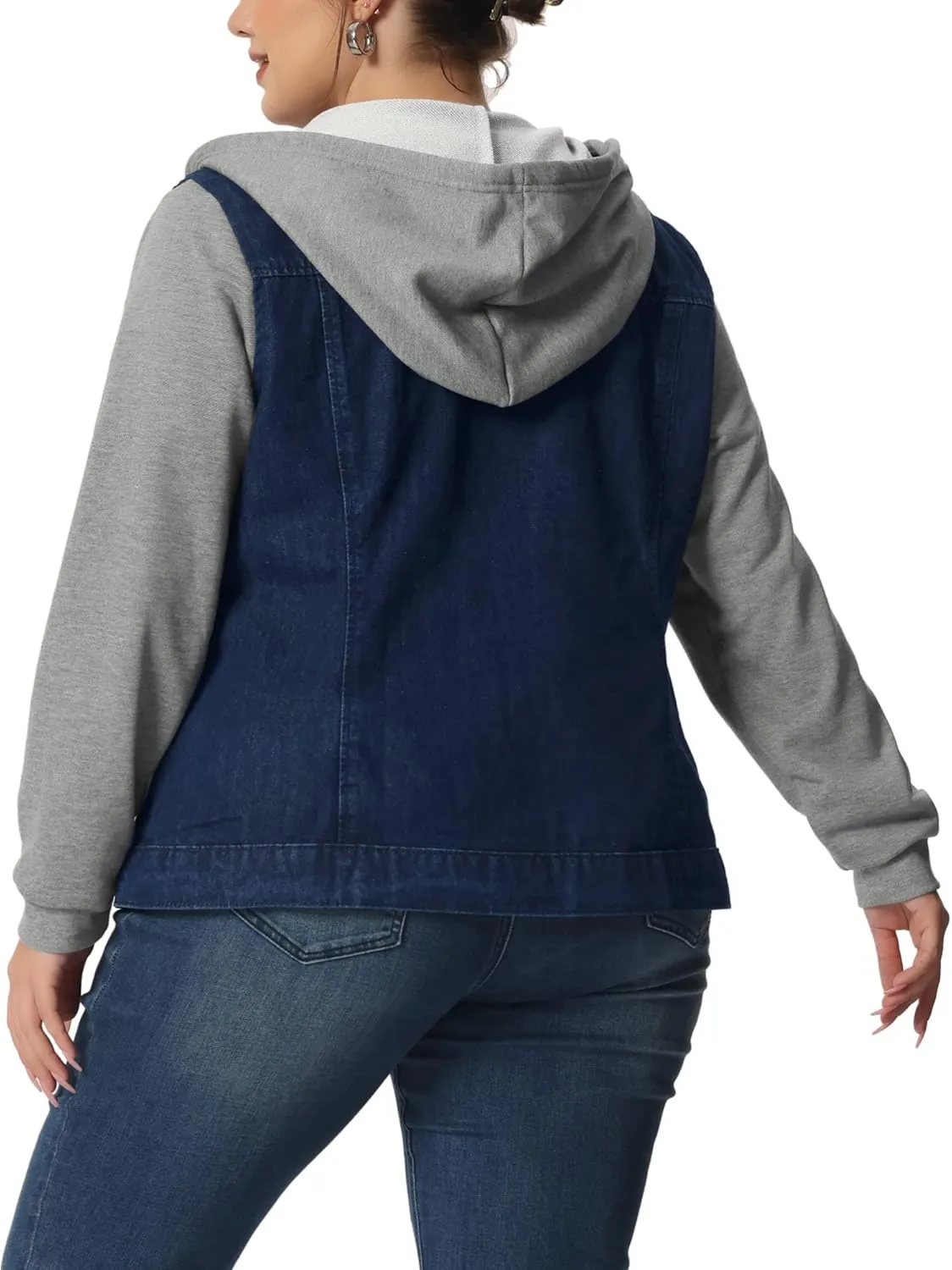 Agnes Orinda Women's Plus Size Denim Jacket with Hood Long Sleeve Casual Hoodie Jean Jackets