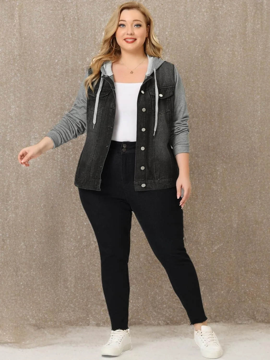 Agnes Orinda Women's Plus Size Denim Jacket with Hood Long Sleeve Casual Hoodie Jean Jackets