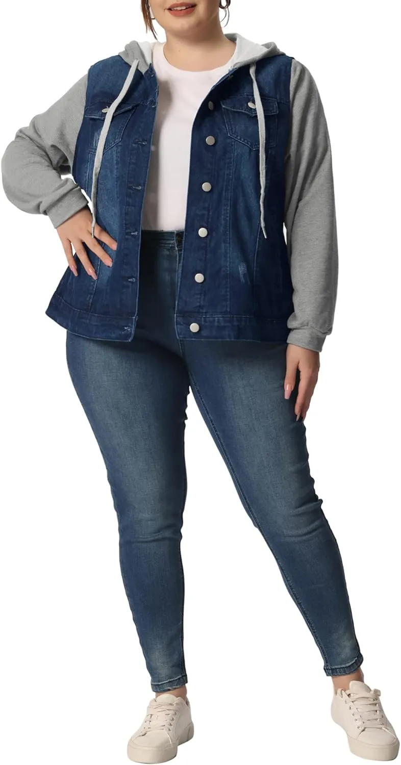Agnes Orinda Women's Plus Size Denim Jacket with Hood Long Sleeve Casual Hoodie Jean Jackets