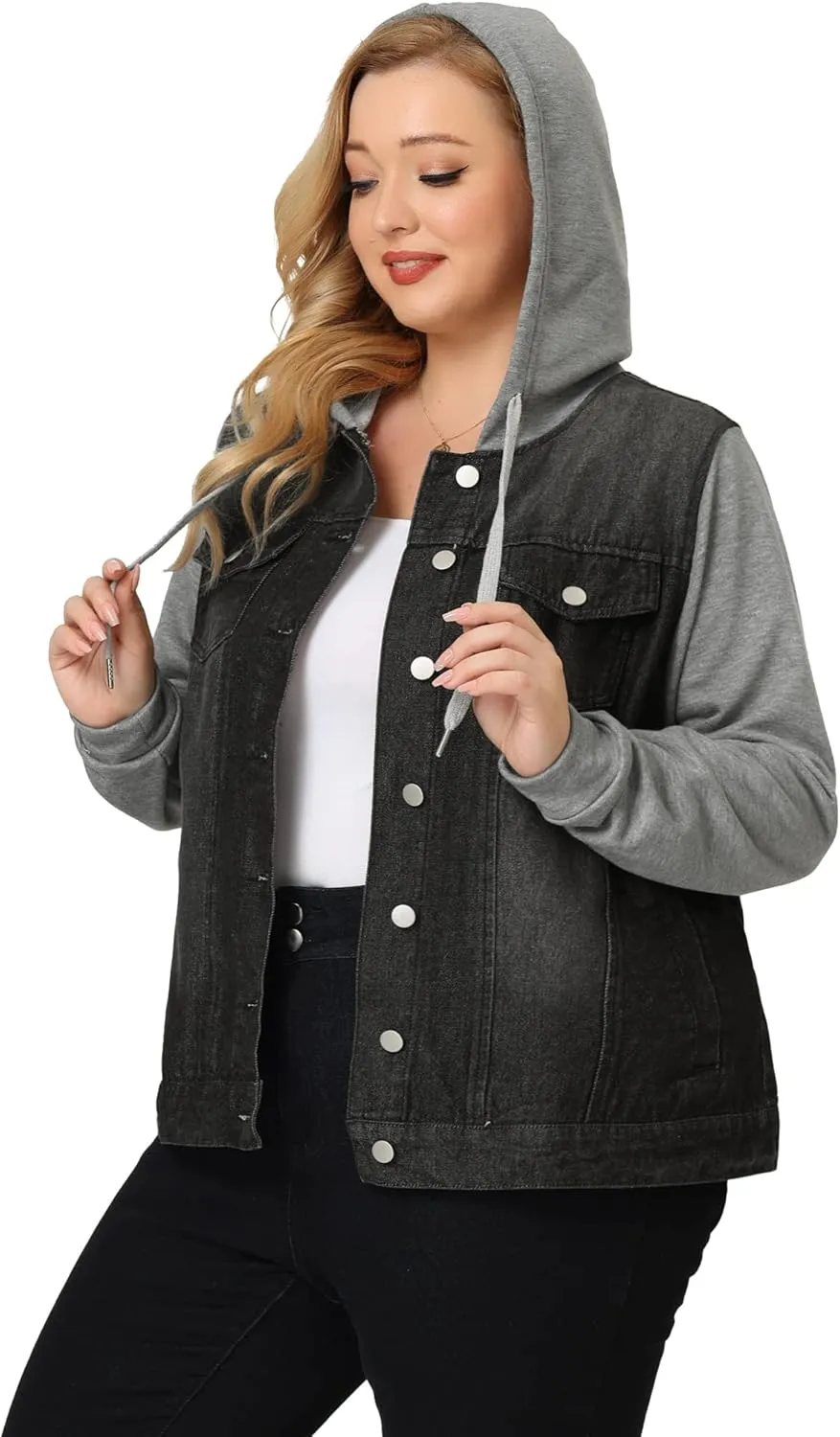 Agnes Orinda Women's Plus Size Denim Jacket with Hood Long Sleeve Casual Hoodie Jean Jackets