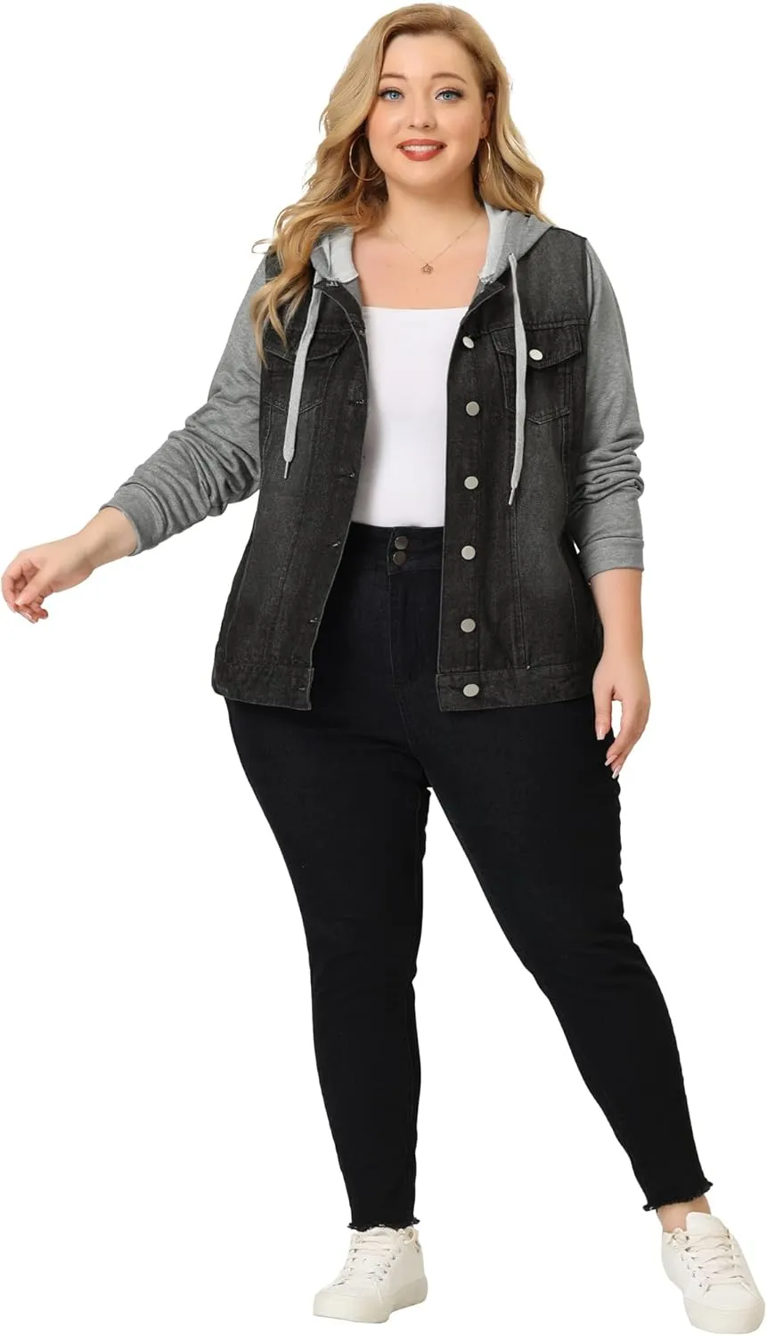 Agnes Orinda Women's Plus Size Denim Jacket with Hood Long Sleeve Casual Hoodie Jean Jackets