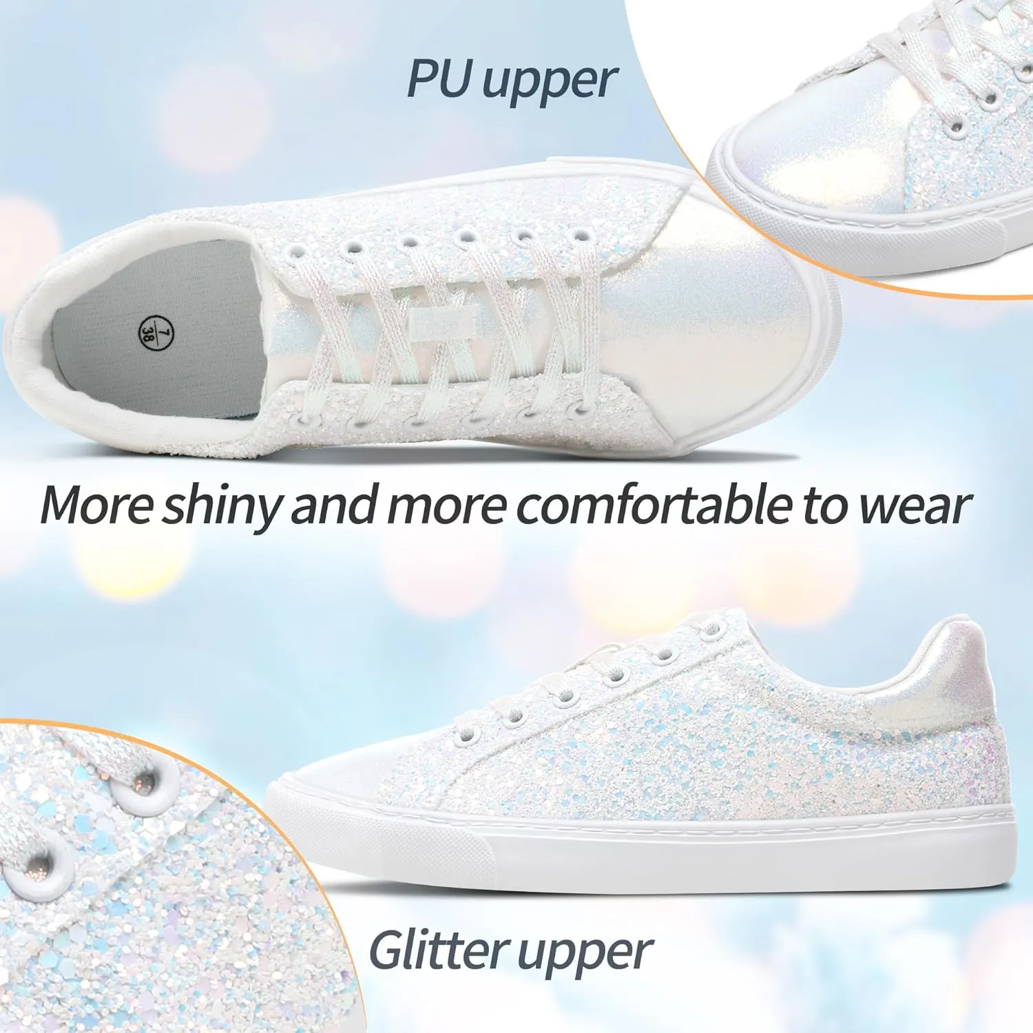 AISFAES Glitter Sneakers Sparkly Low Top Sequins Sneakers Lace Up Tennis Shoes Comfort Bling Shoes Fashion Shiny Walking Shoes
