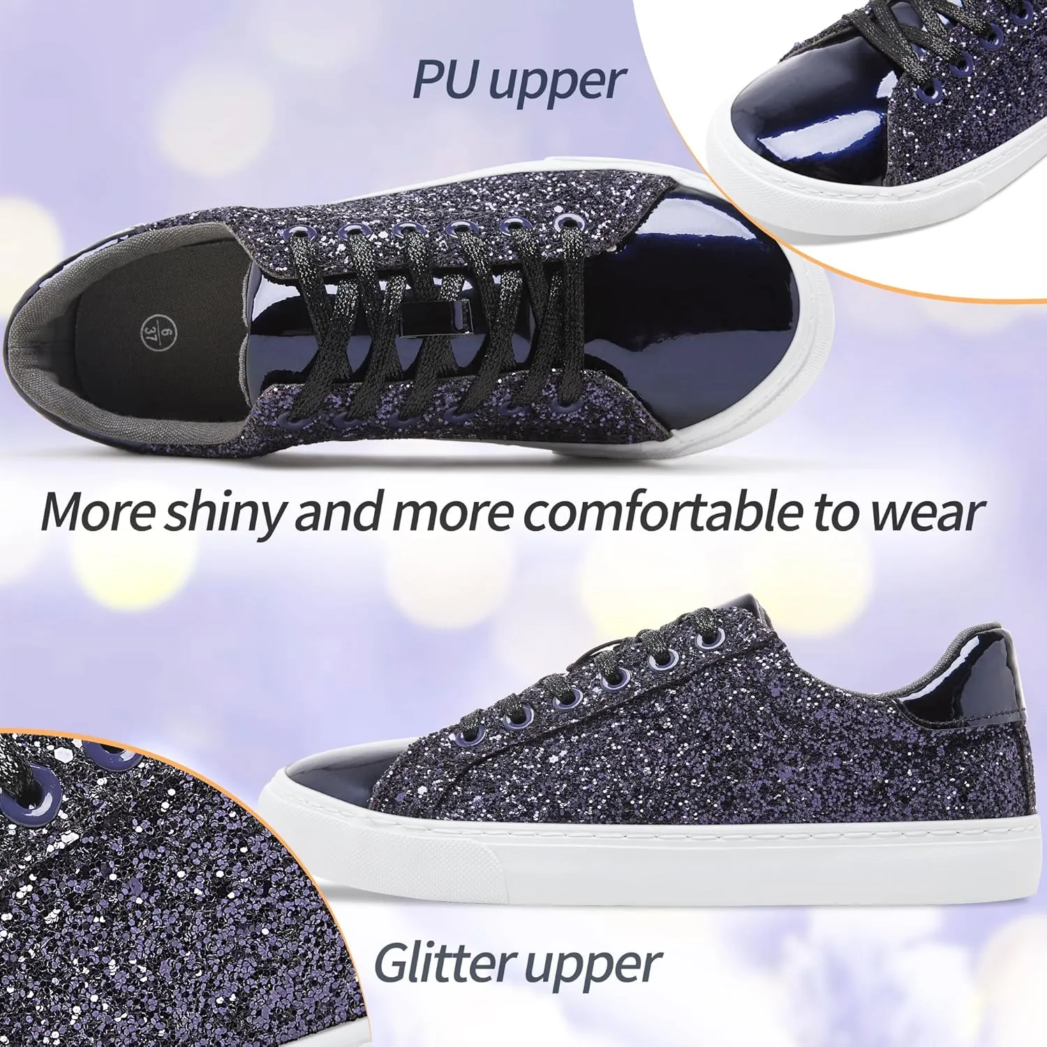 AISFAES Glitter Sneakers Sparkly Low Top Sequins Sneakers Lace Up Tennis Shoes Comfort Bling Shoes Fashion Shiny Walking Shoes