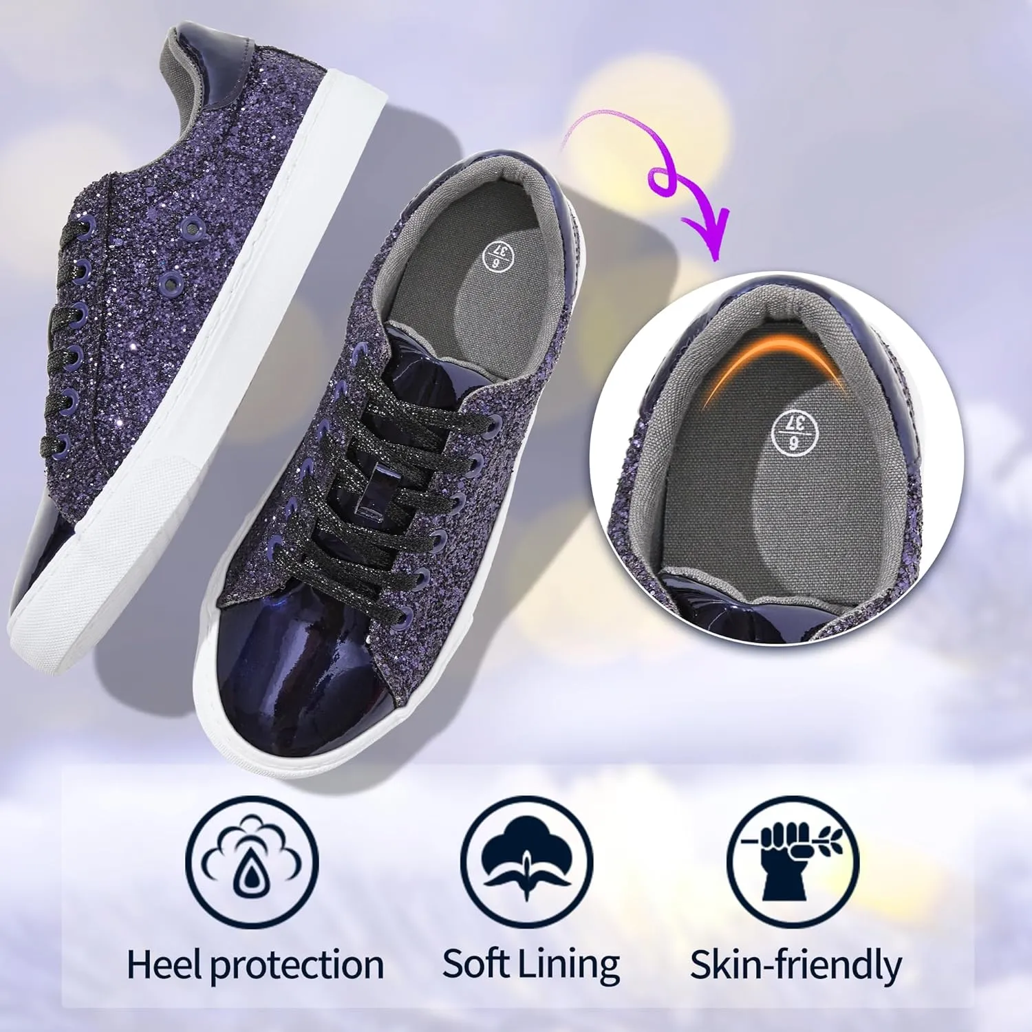 AISFAES Glitter Sneakers Sparkly Low Top Sequins Sneakers Lace Up Tennis Shoes Comfort Bling Shoes Fashion Shiny Walking Shoes