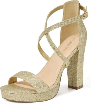 ALICEPUB 4Inch Platform Heels Chunky Block High Heels Strappy Heels Open Toe Heeled Sandals Comfortable Dressy Shoes for Women Wedding