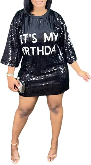 ALLUMK Women Sexy Glitter Sequin Shirts Dress Letter Graphic Print Half Sleeve Party Club Short Dress