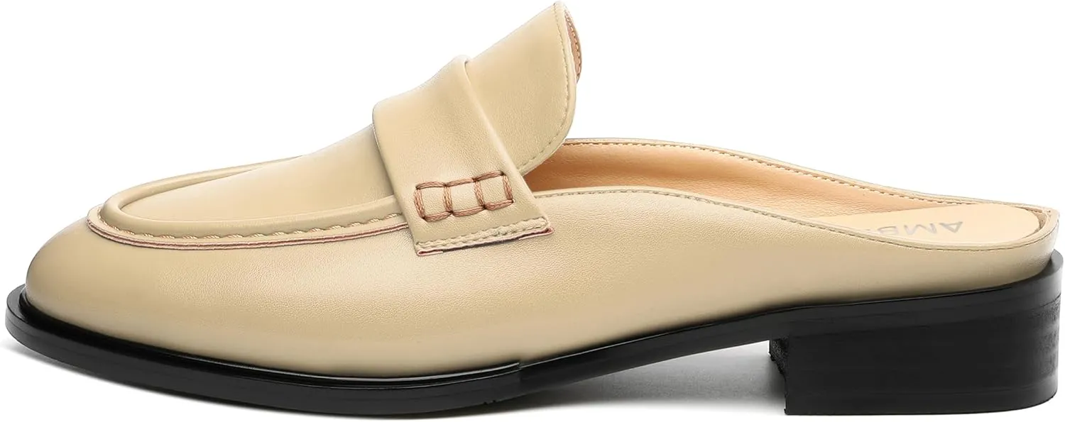 AMBELIGHT Comfortable Mules Flats for Women Loafers Chunky Heel Round Closed Toe Slip on Slingback Casual Classic Dressy Shoes