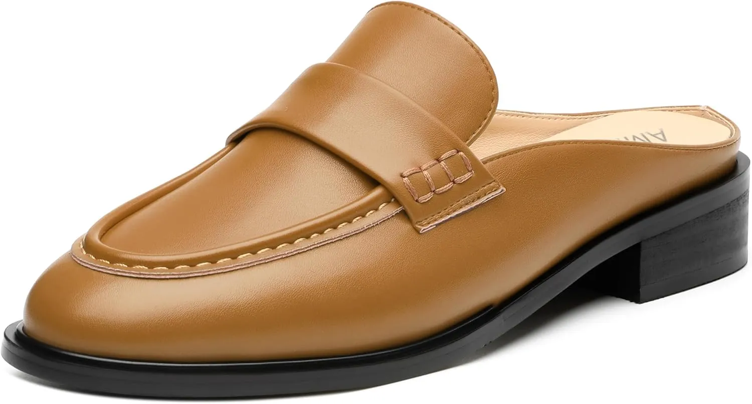 AMBELIGHT Comfortable Mules Flats for Women Loafers Chunky Heel Round Closed Toe Slip on Slingback Casual Classic Dressy Shoes