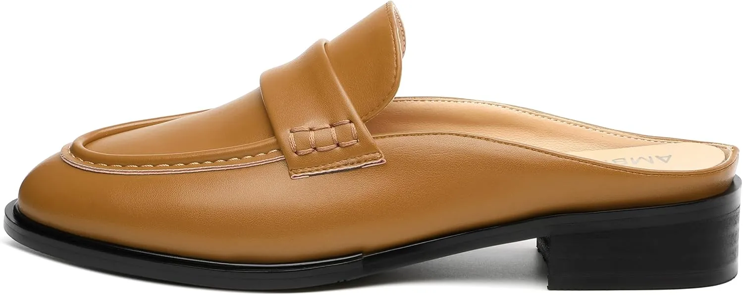 AMBELIGHT Comfortable Mules Flats for Women Loafers Chunky Heel Round Closed Toe Slip on Slingback Casual Classic Dressy Shoes
