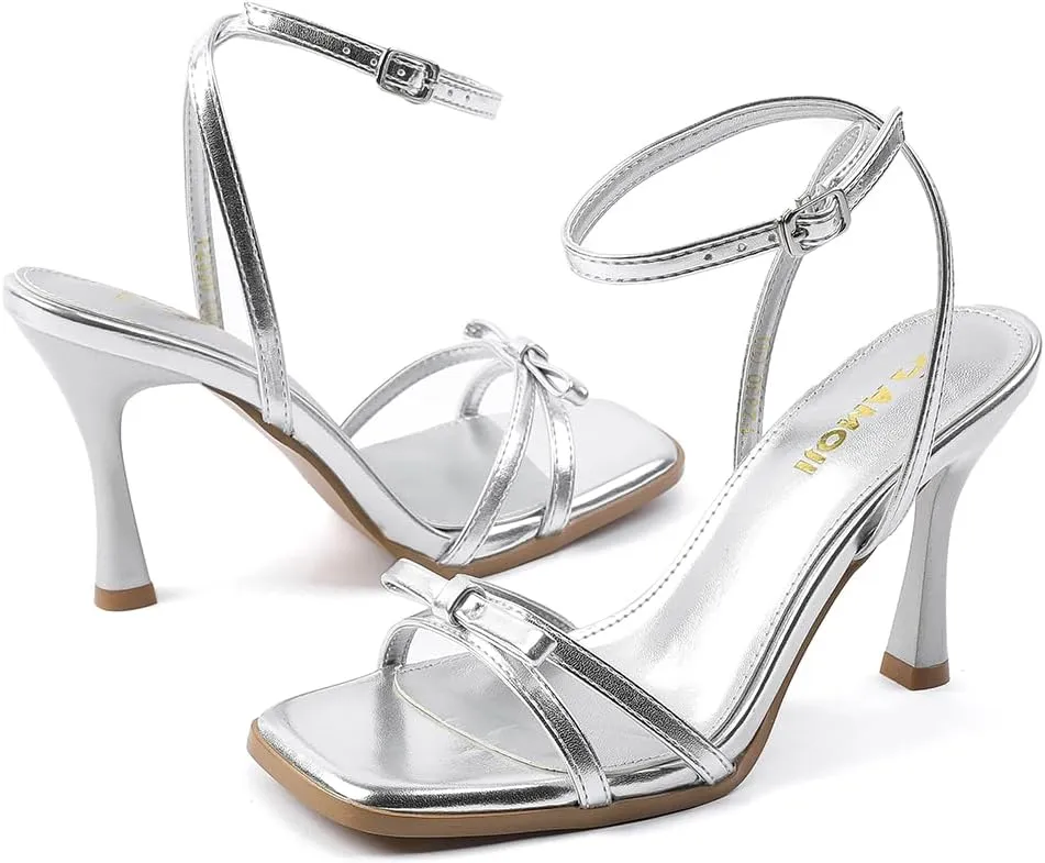 Amoji Women's 4 Inch Bow Heels Ankle Strap for Wedding Party Dress Shoes 330