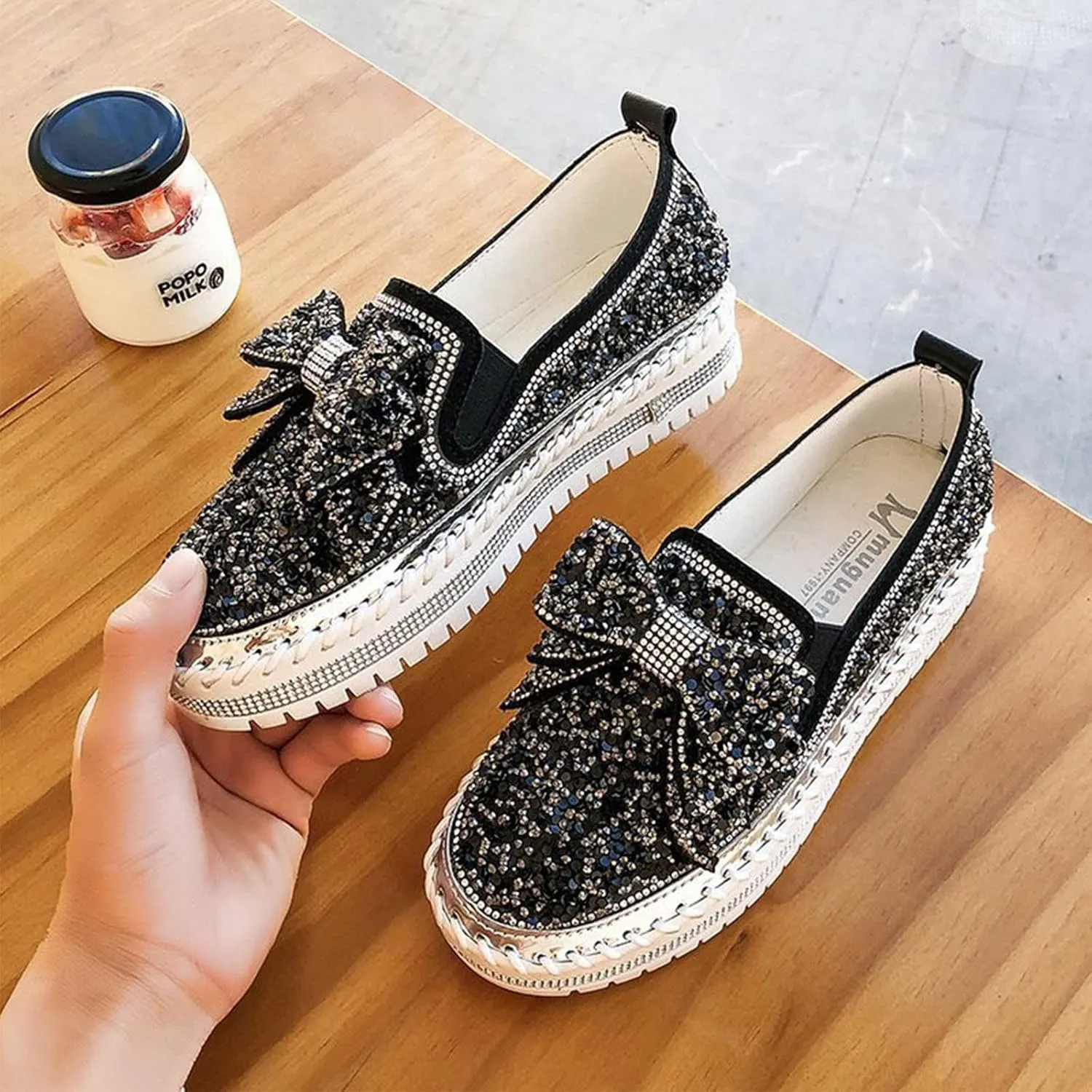 AngryMonkey Women's Rhinestones Glitter Slip On Sneakers,Cute Bow Comfort Platform Walking Flat Loafer Stitch Casual Shoes
