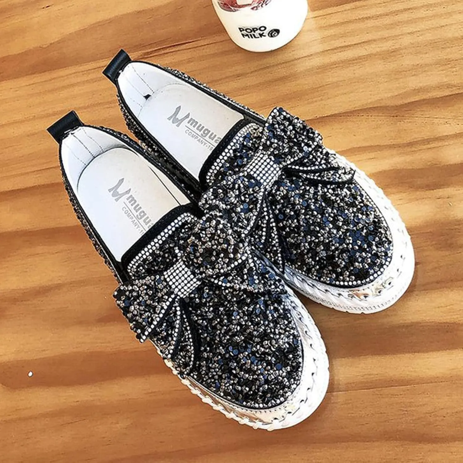 AngryMonkey Women's Rhinestones Glitter Slip On Sneakers,Cute Bow Comfort Platform Walking Flat Loafer Stitch Casual Shoes
