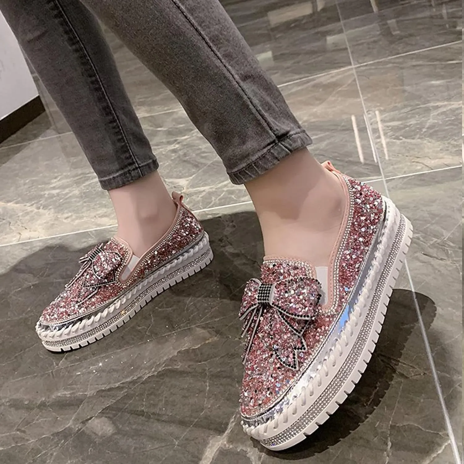 AngryMonkey Women's Rhinestones Glitter Slip On Sneakers,Cute Bow Comfort Platform Walking Flat Loafer Stitch Casual Shoes