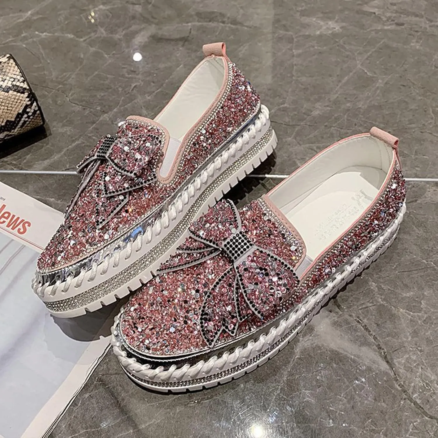 AngryMonkey Women's Rhinestones Glitter Slip On Sneakers,Cute Bow Comfort Platform Walking Flat Loafer Stitch Casual Shoes