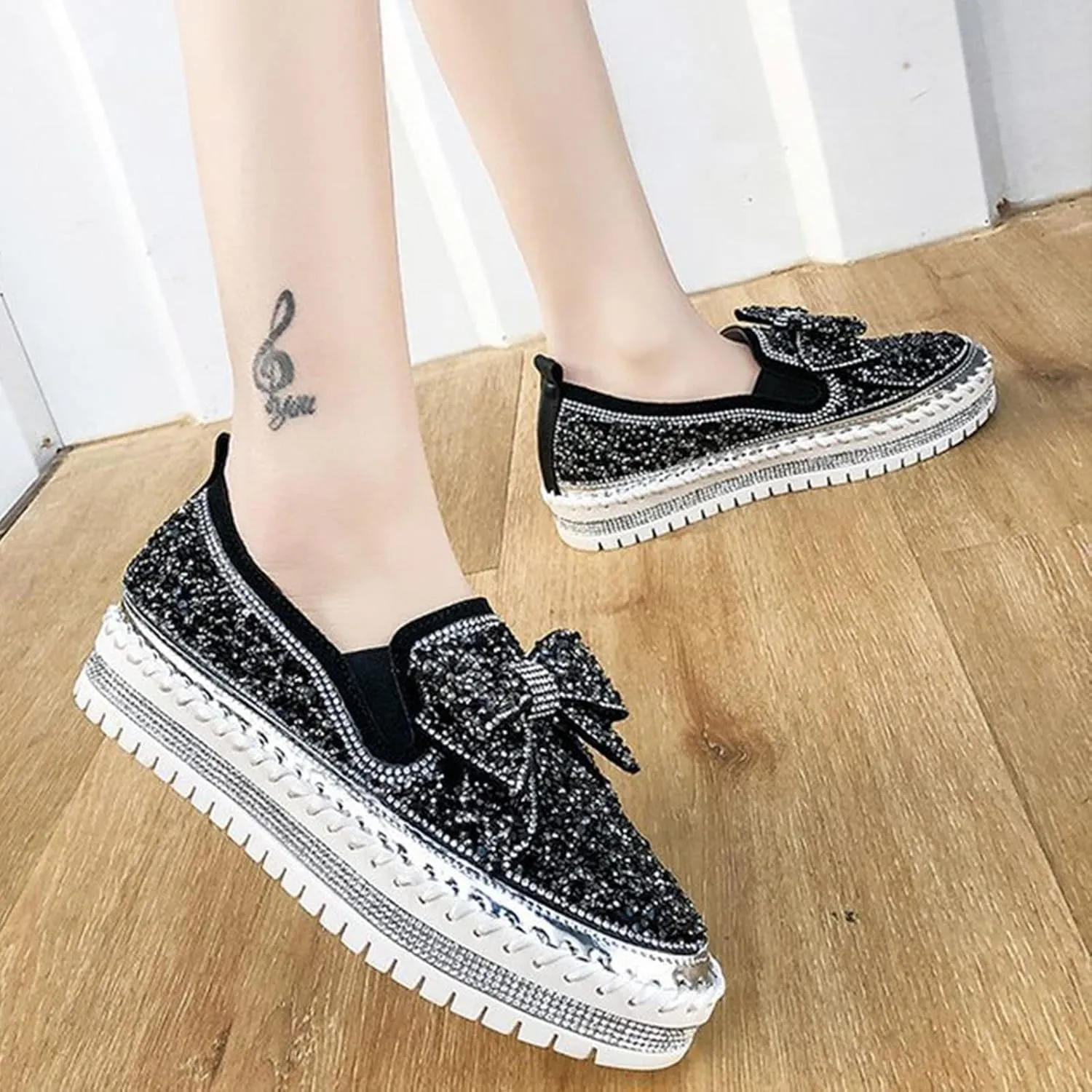 AngryMonkey Women's Rhinestones Glitter Slip On Sneakers,Cute Bow Comfort Platform Walking Flat Loafer Stitch Casual Shoes