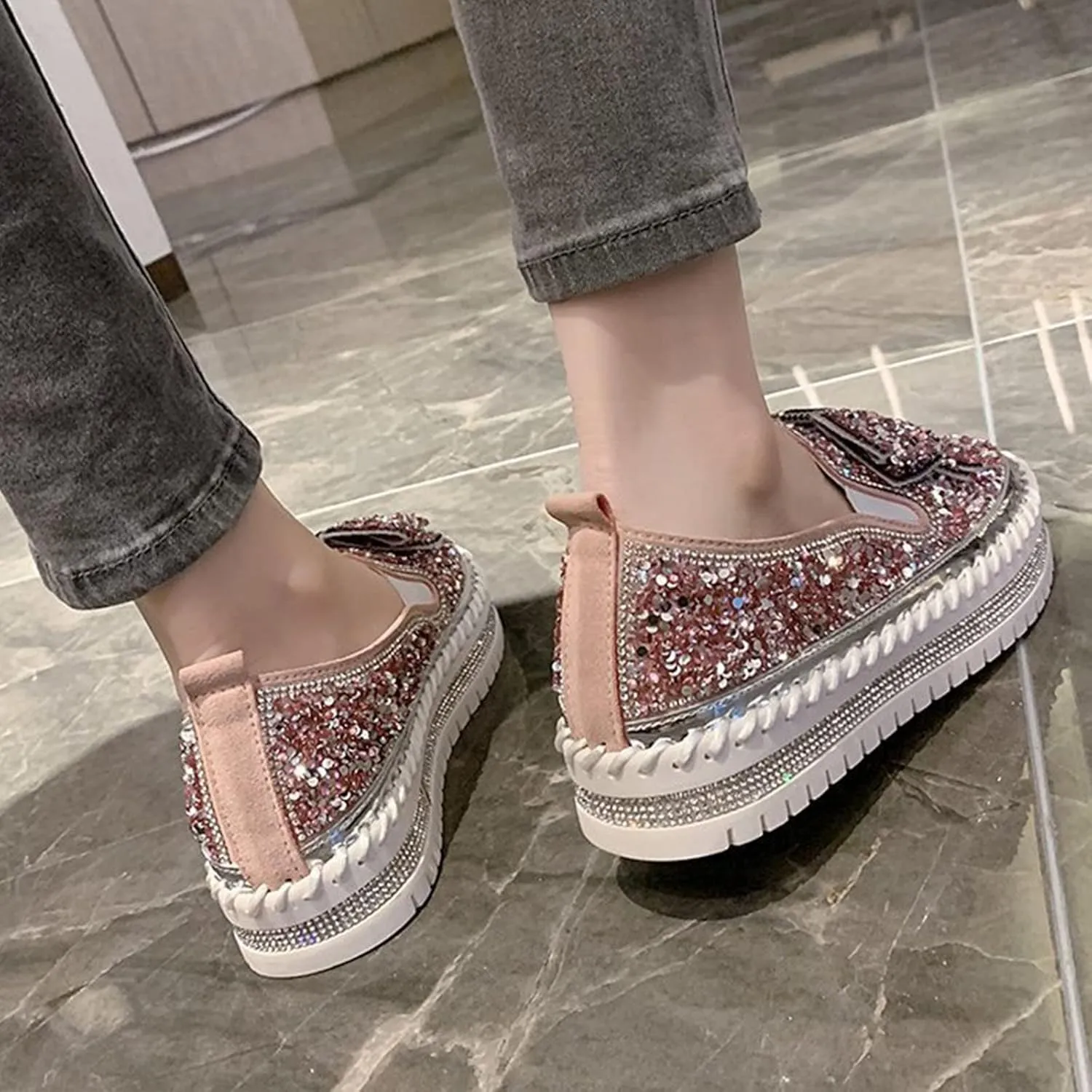 AngryMonkey Women's Rhinestones Glitter Slip On Sneakers,Cute Bow Comfort Platform Walking Flat Loafer Stitch Casual Shoes