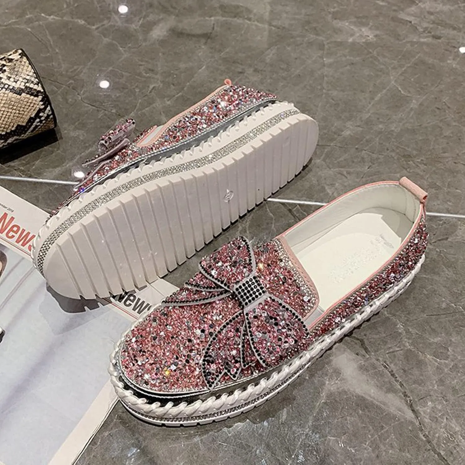AngryMonkey Women's Rhinestones Glitter Slip On Sneakers,Cute Bow Comfort Platform Walking Flat Loafer Stitch Casual Shoes