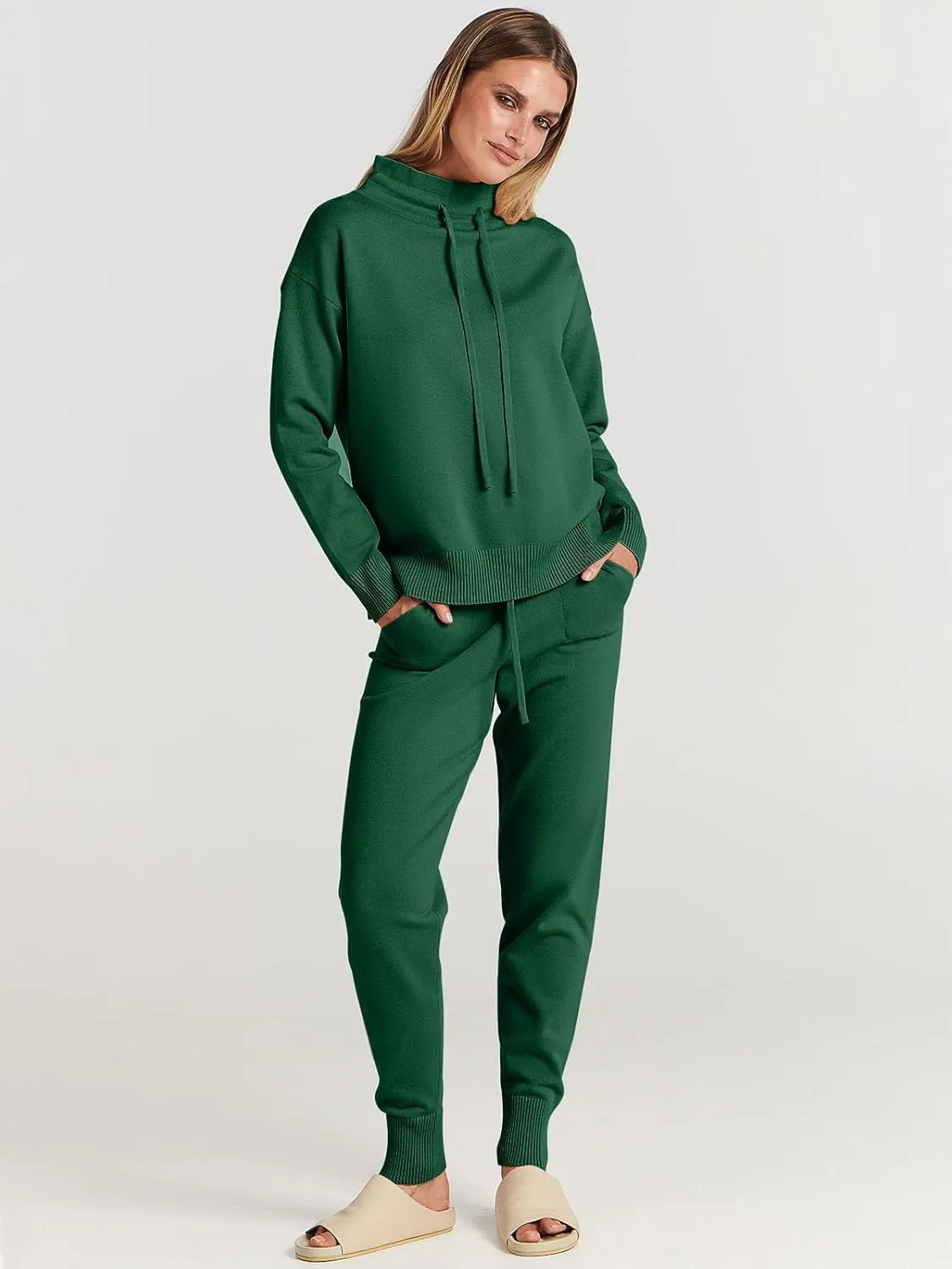 ANRABESS Women Two Piece Outfits Turtleneck Pullover Top Cozy Knit Sweater Pants Lounge Set 2024 Fall Sweatsuit Sweatsuits