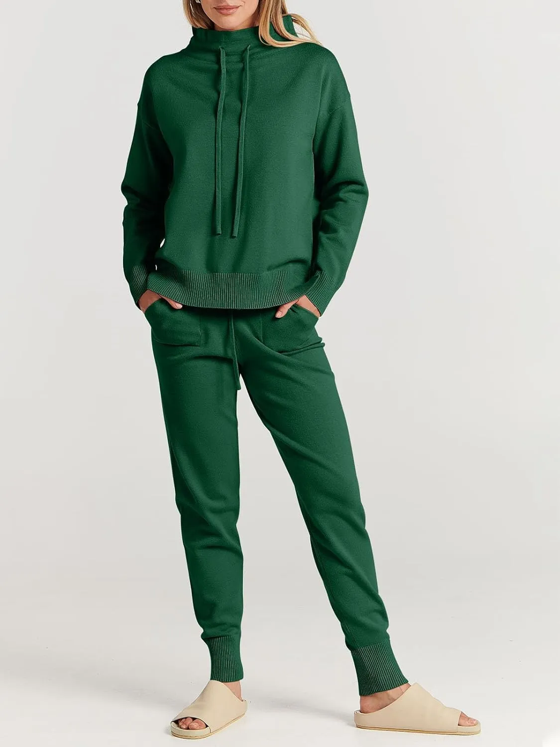 ANRABESS Women Two Piece Outfits Turtleneck Pullover Top Cozy Knit Sweater Pants Lounge Set 2024 Fall Sweatsuit Sweatsuits