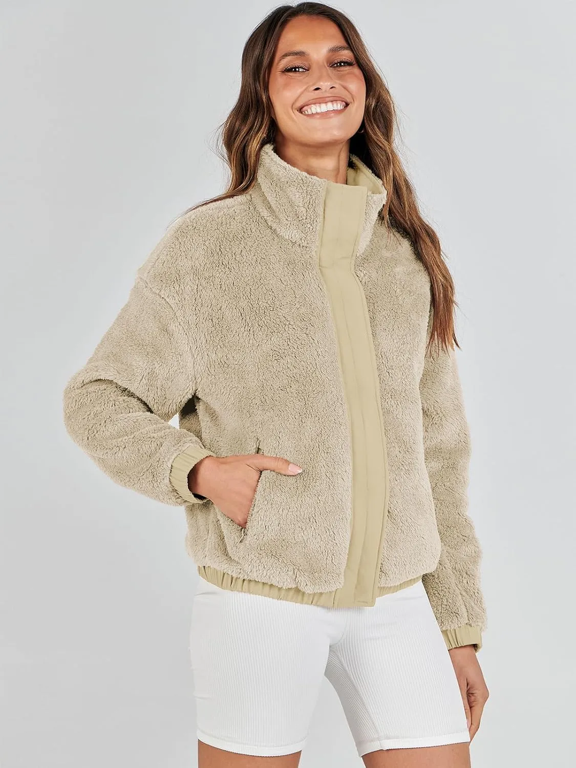 ANRABESS Womens Fleece Jacket Casual Long Sleeve Cropped Sherpa Button Down Fuzzy Warm Coats Fall Outwear With Pockets