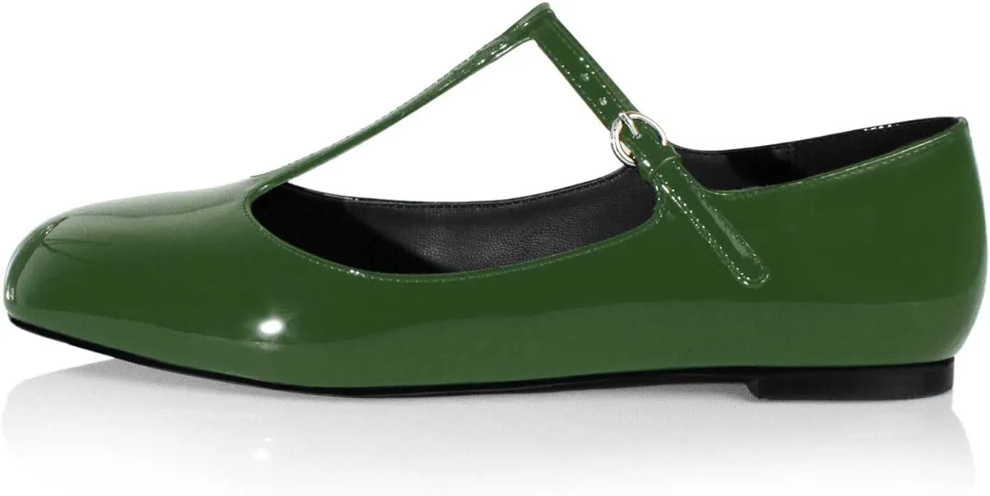 anteikira Women's Classy Round Toe Ballet Flats T-Strap Flats Patent Leather Comfortable Mary Jane Flats Shoes for Women Size 5.5-12US