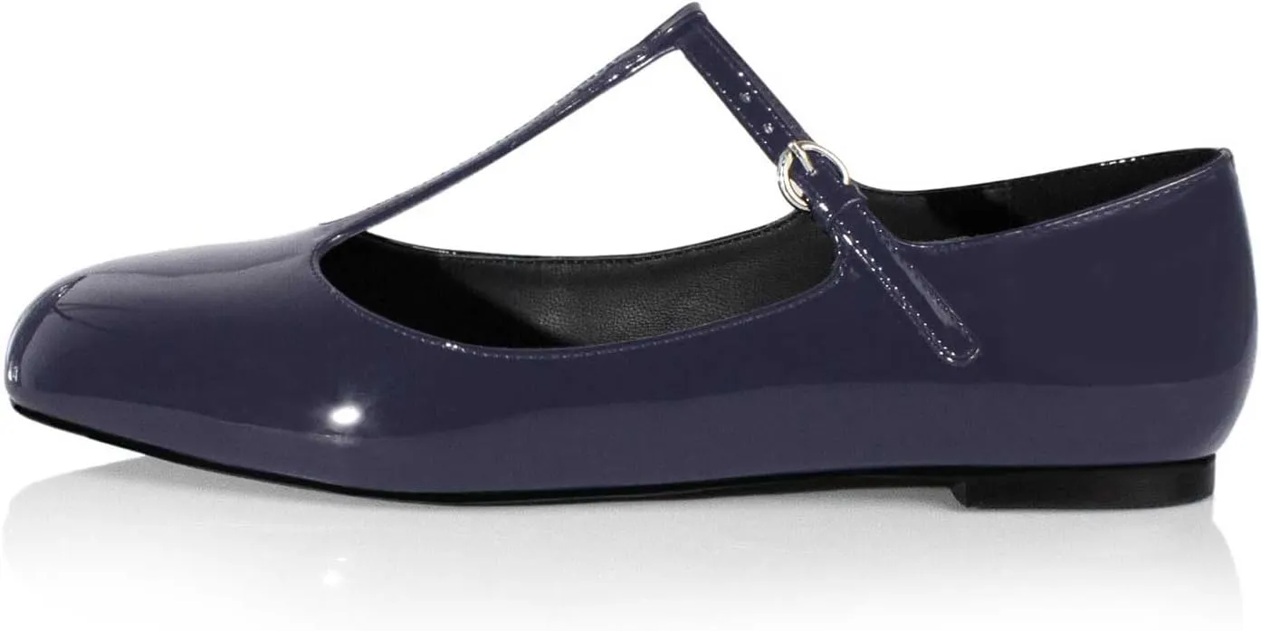 anteikira Women's Classy Round Toe Ballet Flats T-Strap Flats Patent Leather Comfortable Mary Jane Flats Shoes for Women Size 5.5-12US