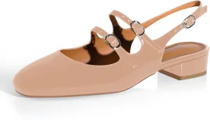 anteikira Women's Round Toe Slingback Flats Closed Toe Double Strap Mary Jane Flats for Women 1 Inch Heel Dress Shoes Low Heel Causal Work Office Pumps for Women Size 5.5-12US