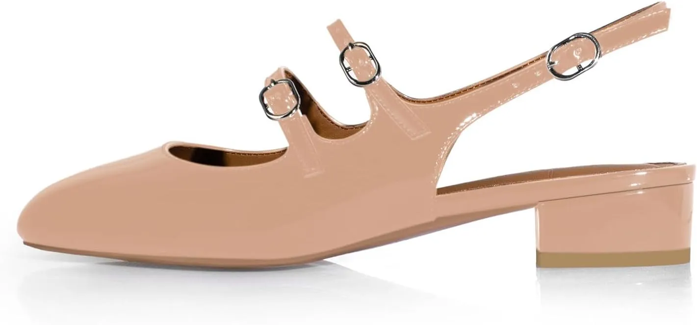 anteikira Women's Round Toe Slingback Flats Closed Toe Double Strap Mary Jane Flats for Women 1 Inch Heel Dress Shoes Low Heel Causal Work Office Pumps for Women Size 5.5-12US