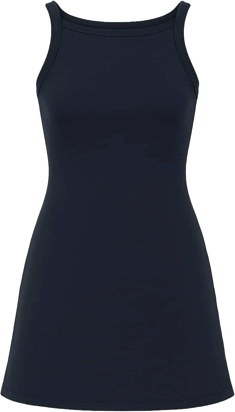 Ashen Fane Women's Sleeveless Heavy Weight Rib Cotton Spaghetti Strap Mini Dress
