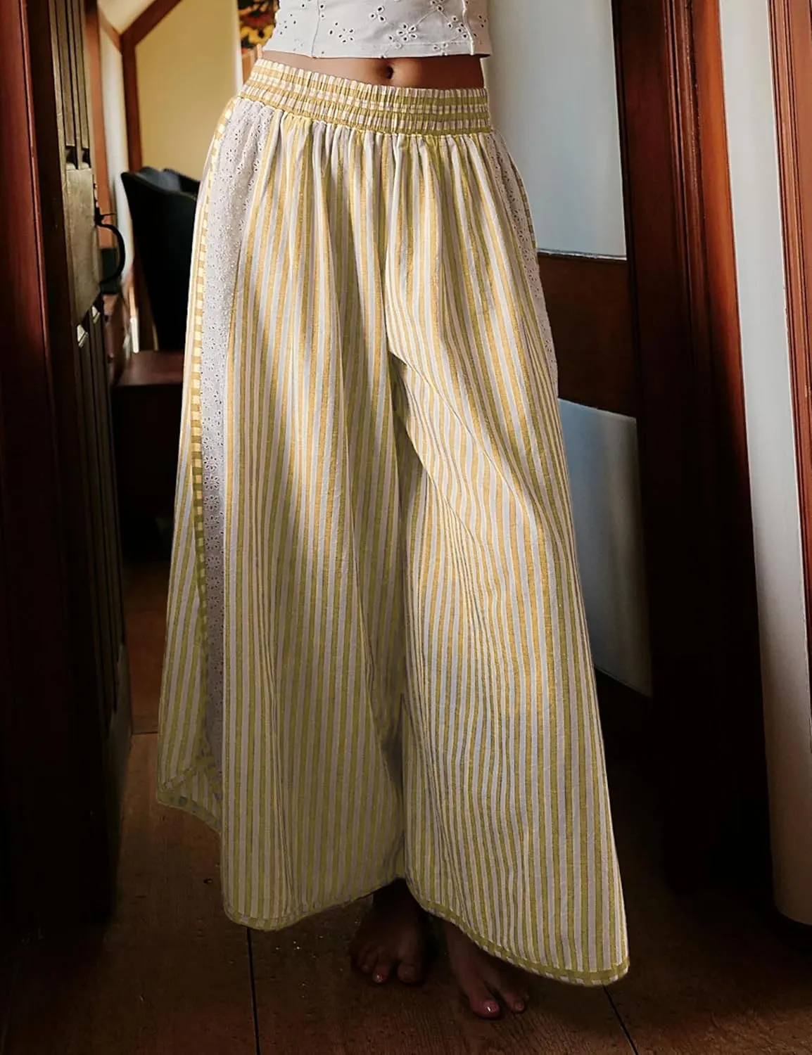 Athlisan Womens Summer Casual Loose Striped Wide Leg Lounge Pants Elastic Waist Palazzo Trousers