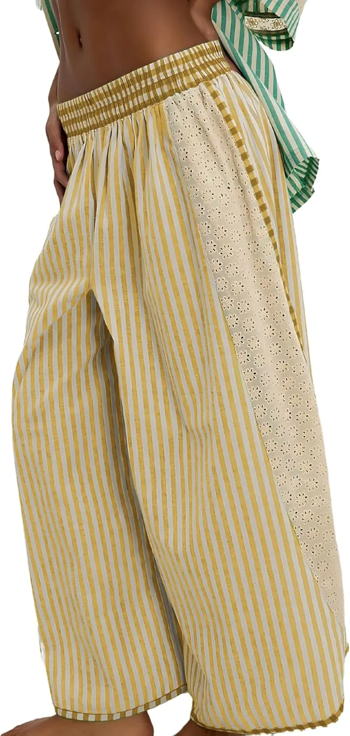 Athlisan Womens Summer Casual Loose Striped Wide Leg Lounge Pants Elastic Waist Palazzo Trousers