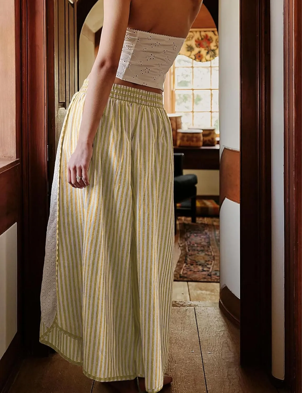 Athlisan Womens Summer Casual Loose Striped Wide Leg Lounge Pants Elastic Waist Palazzo Trousers